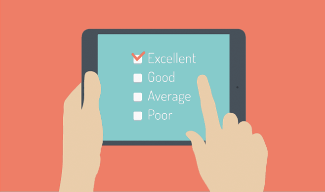 Tablet in hands with Excellent selected on a rating scale