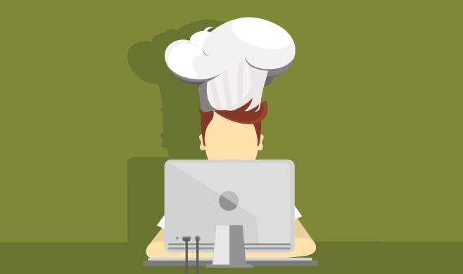 Illustration of a chef at a computer screen
