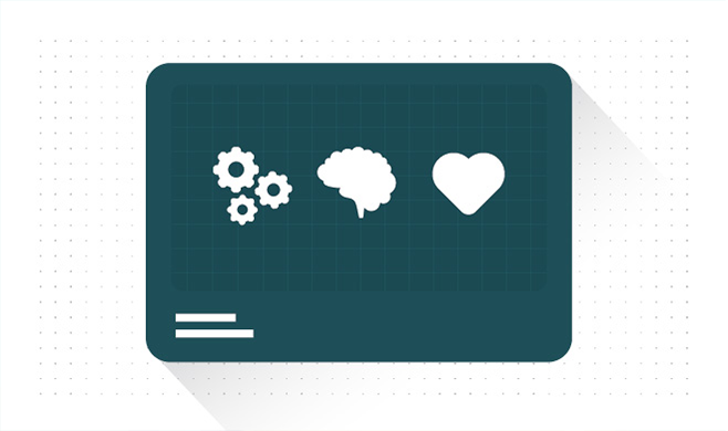 Screen graphic showing gears, brains and hearts