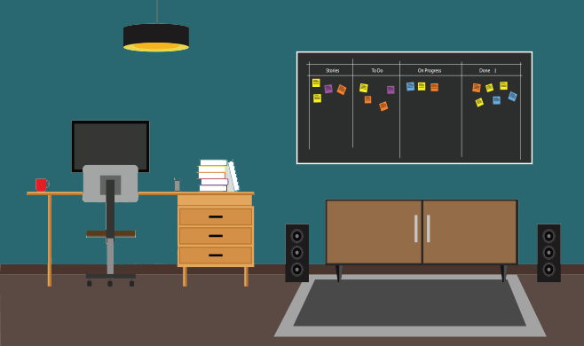 Illustration of office with board of backlog features