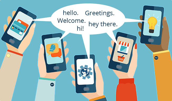 Illustration of many hands with phones all saying greetings