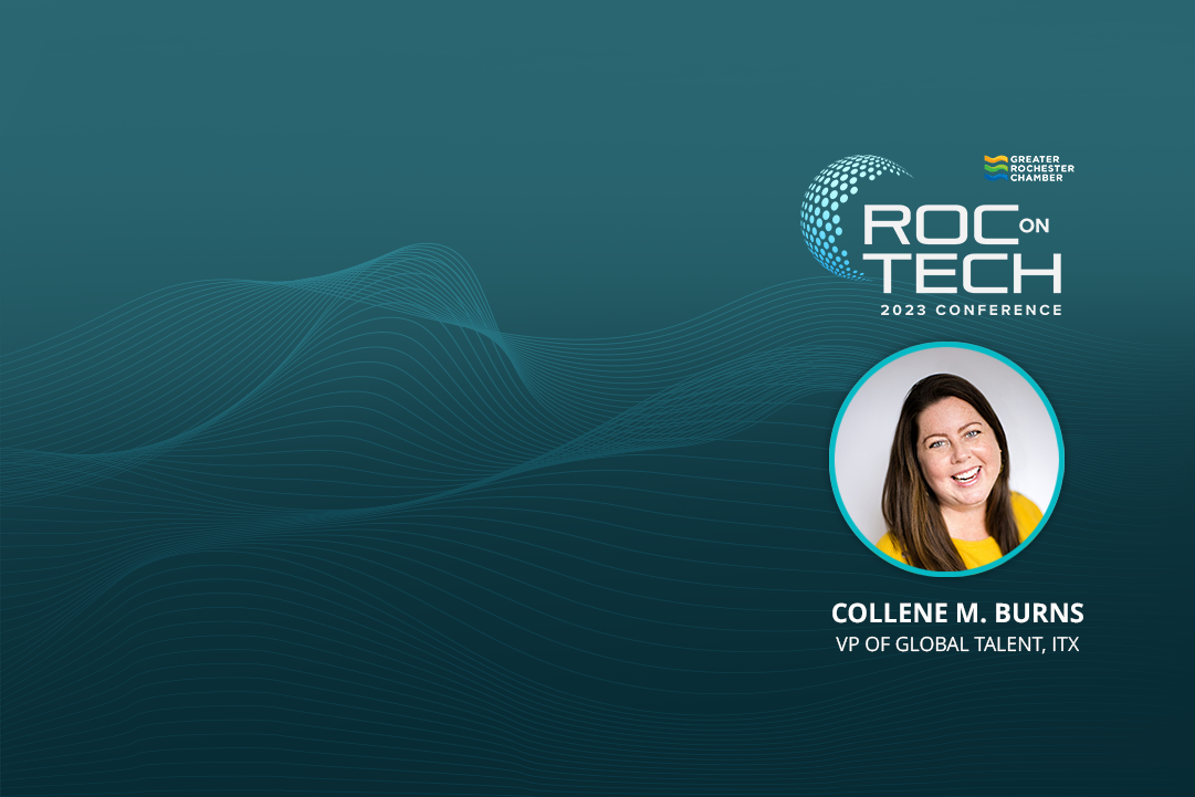 Banner promoting the 2023 ROC on Tech Conference, featuring ITX's Vice President of Global Talent Collene M Burns