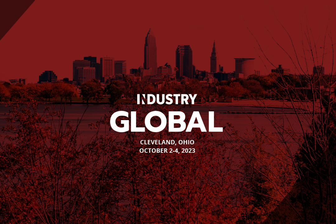 Photo of Cleveland skyline with red overlay. Text on image reads "INDUSTRY Global. Cleveland, Ohio. October 2 to 4, 2023.