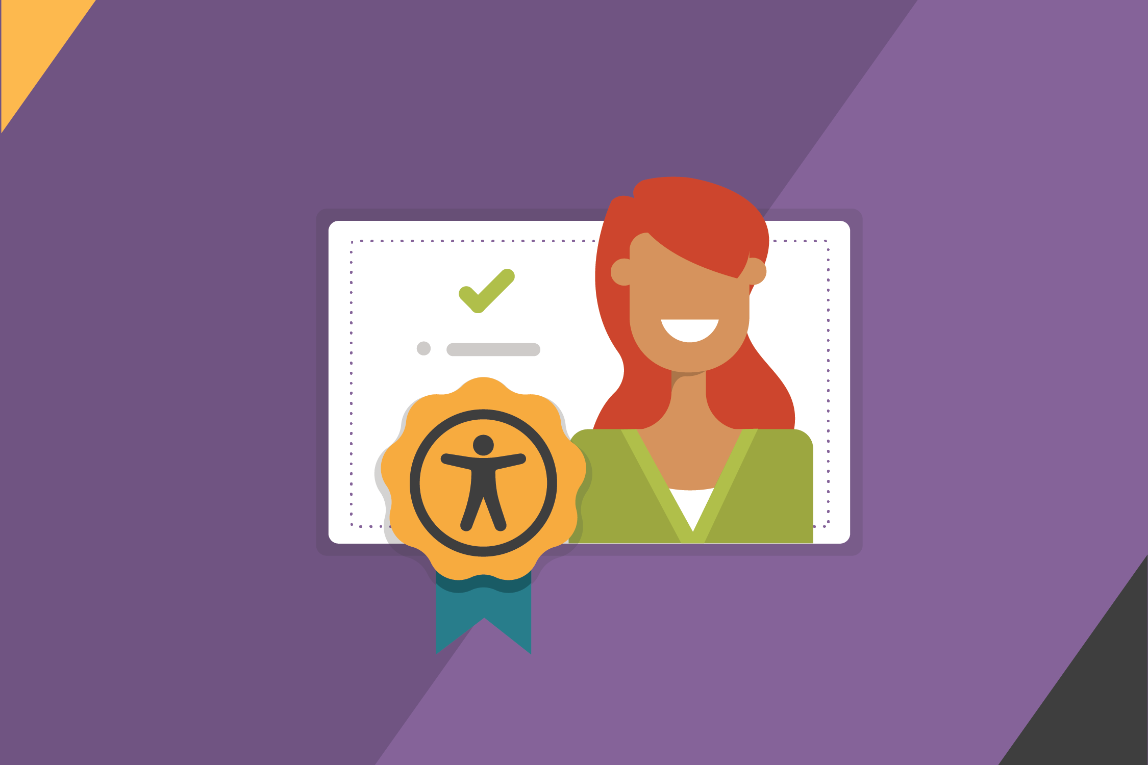Graphic of Accessibility-certified professional with ribbon-adorned certificate featuring the accessibility logo.