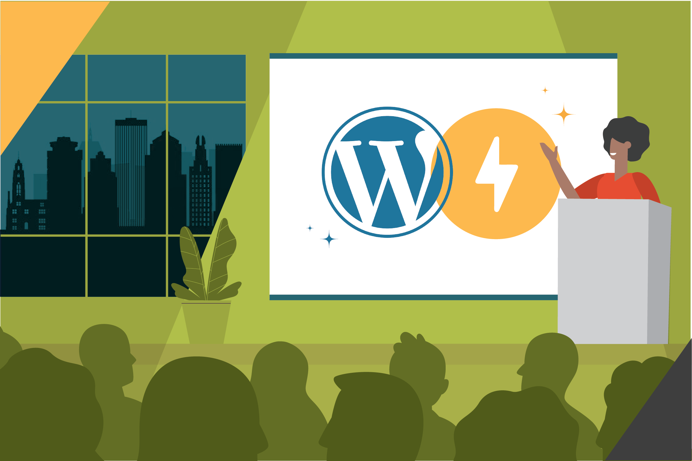 Graphic of an individual standing in front of a podium presenting to a group of people, referencing a slideshow that includes the WordPress logo.
