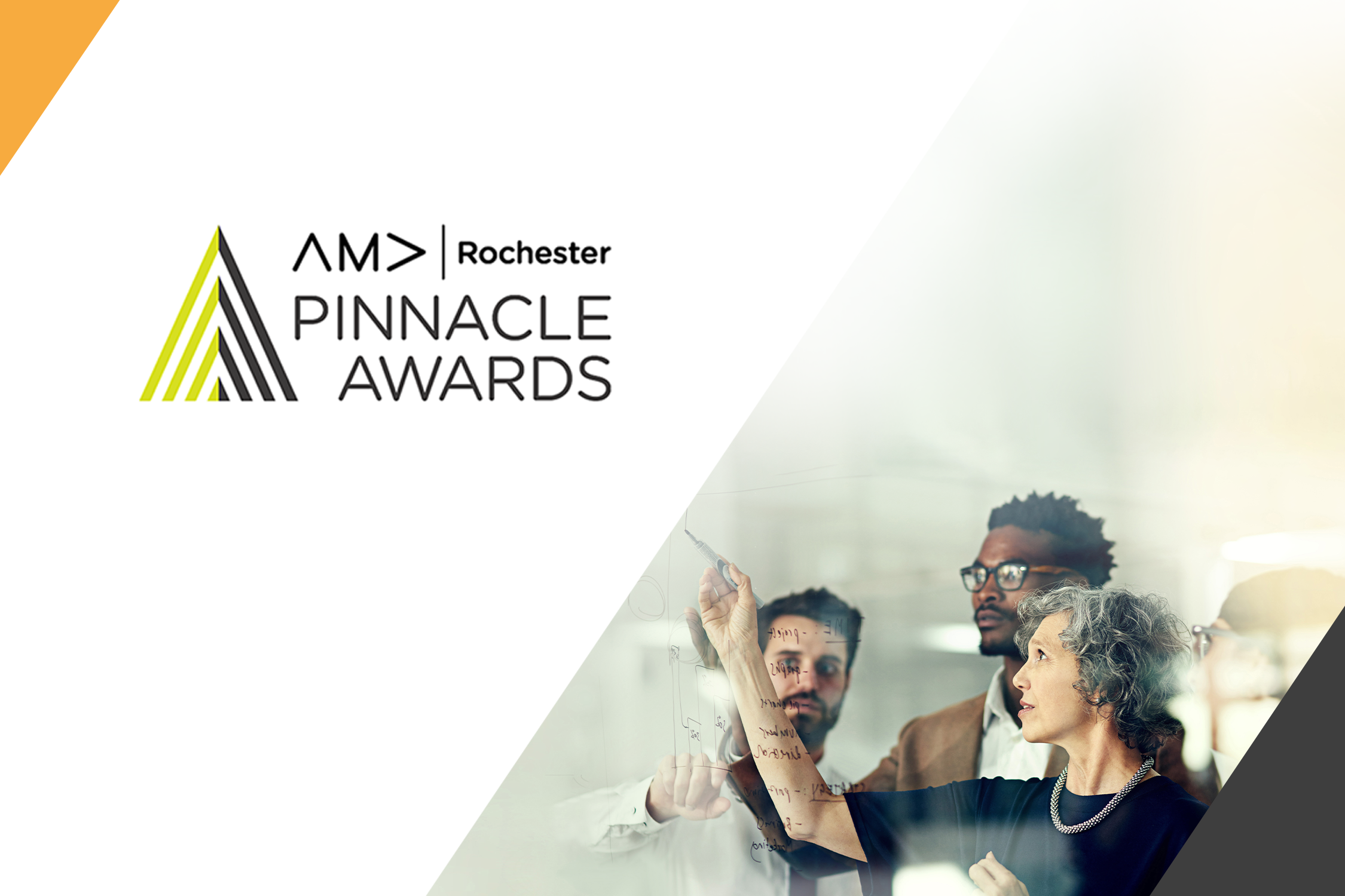 Group of people working together and collaborating. Graphic includes the logo of the Pinnacle Awards of the AMA | Rochester.